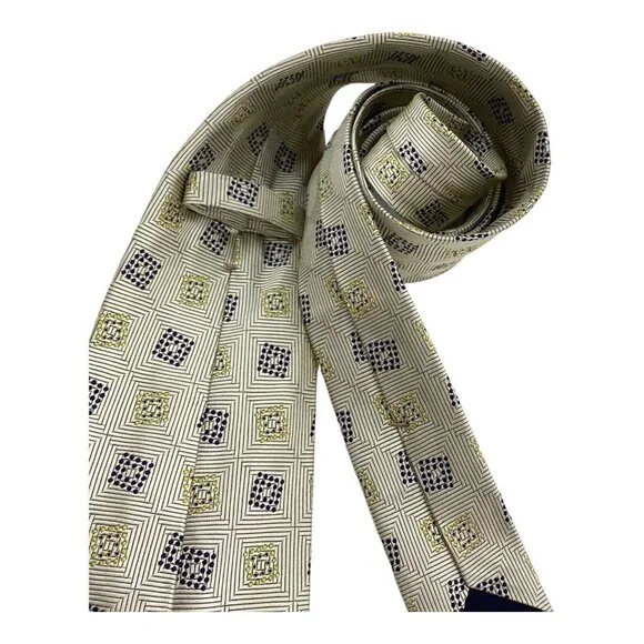 Cravate Kiton Napoli 7 Plis - Lin 100% Vert Motif Géométrique - Fait Main En Italie - Neuf Sans Étiquette